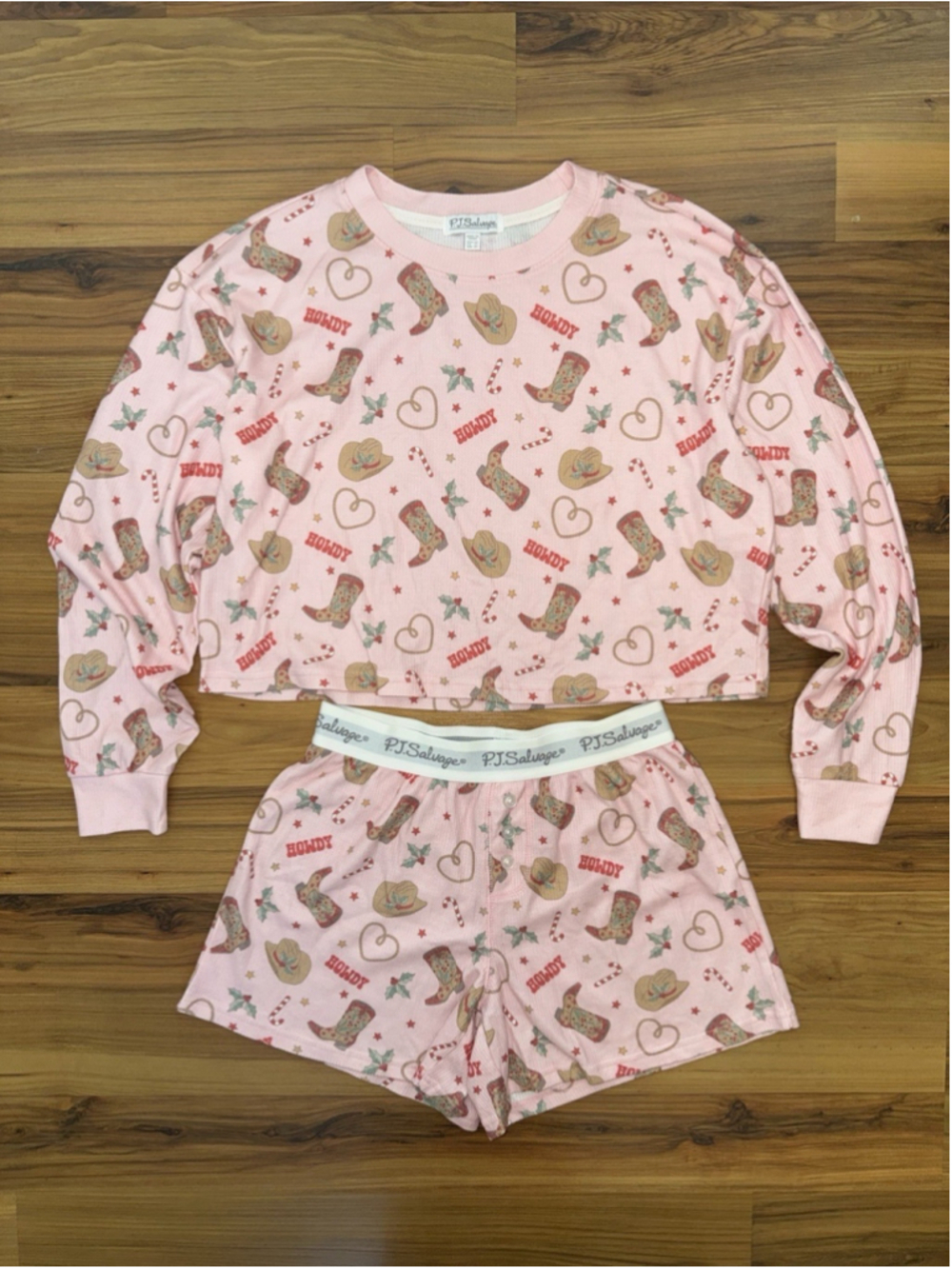 PJ Salvage Pink Western Christmas Pajama Set Cowgirl Cowboy Boots Shorts